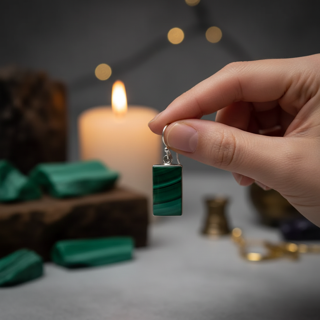 Elegant hand holding malachite rectangle earring as if about to put it on with moody crystal background