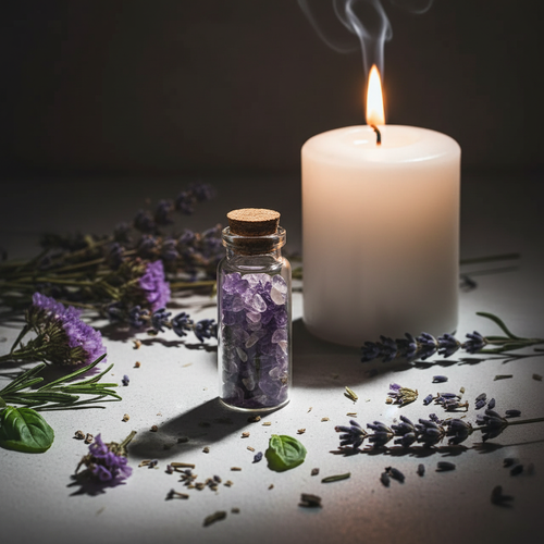 Amethyst crystal chips in a glass spell bottle vial with cork, lavender and candle
