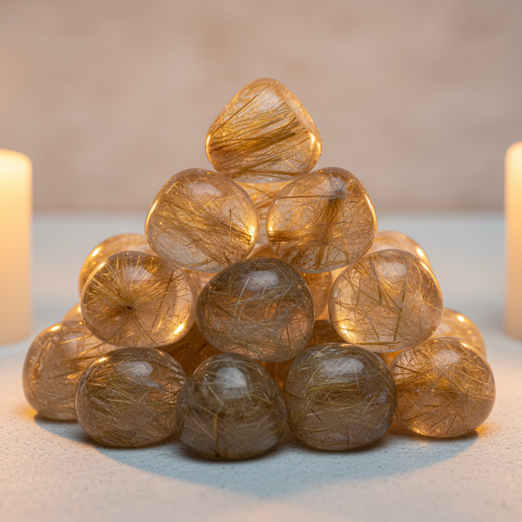 Rutilated quartz tumbled stones cluster hero shot with golden rutile needles in candlelight