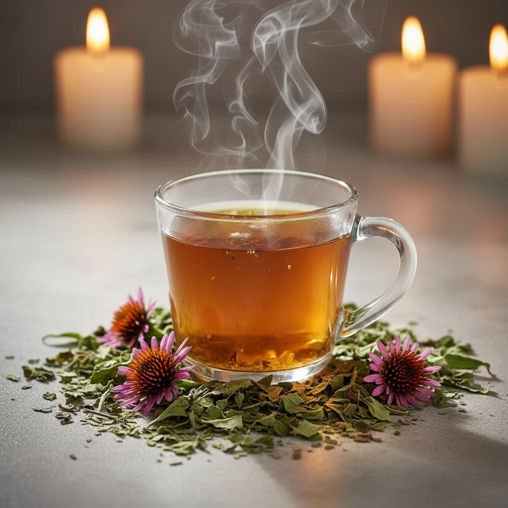 Steaming cup of Echinacea herbal tea with dried herb and purple flowers