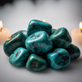 Chrysocolla tumbled stones cluster hero shot with vivid teal-blue-green swirling patterns