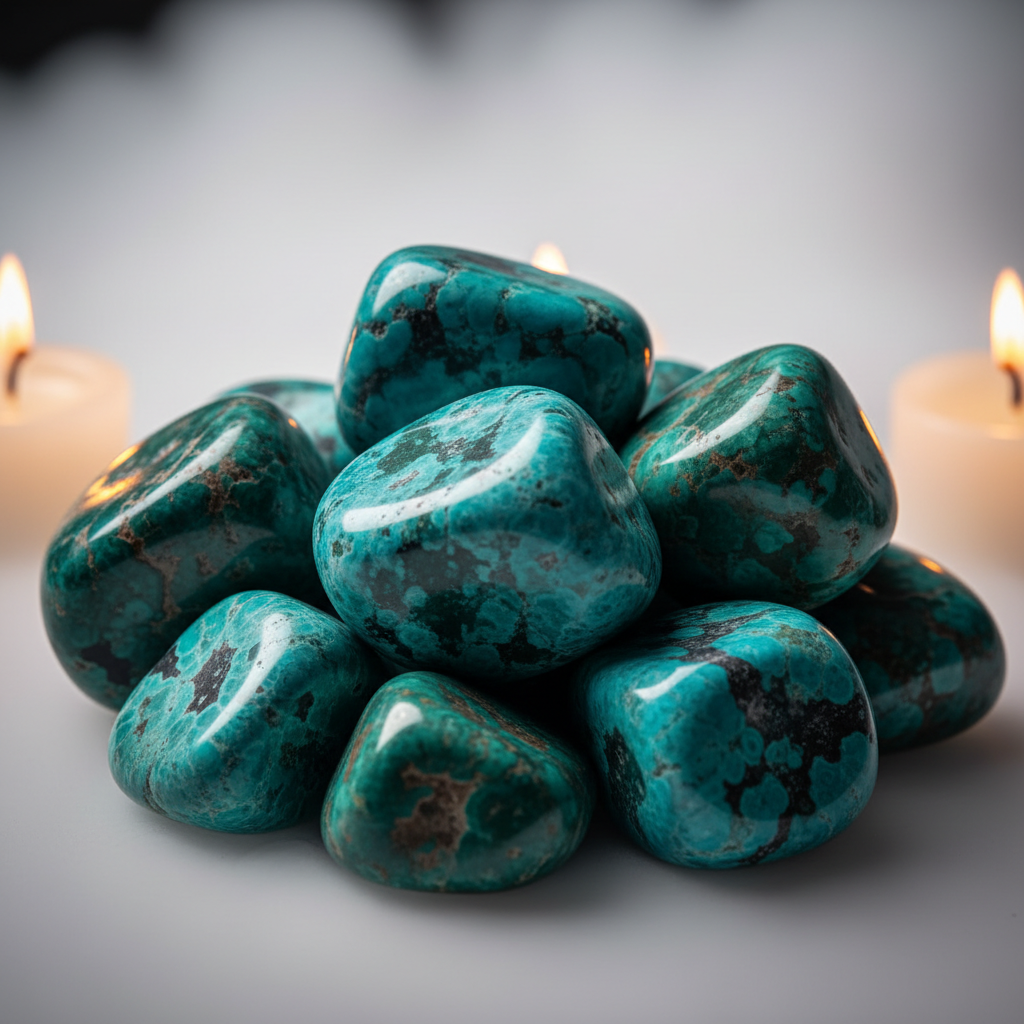 Chrysocolla tumbled stones cluster hero shot with vivid teal-blue-green swirling patterns