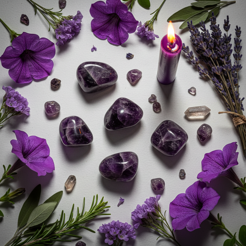 Amethyst tumbled stones flat lay