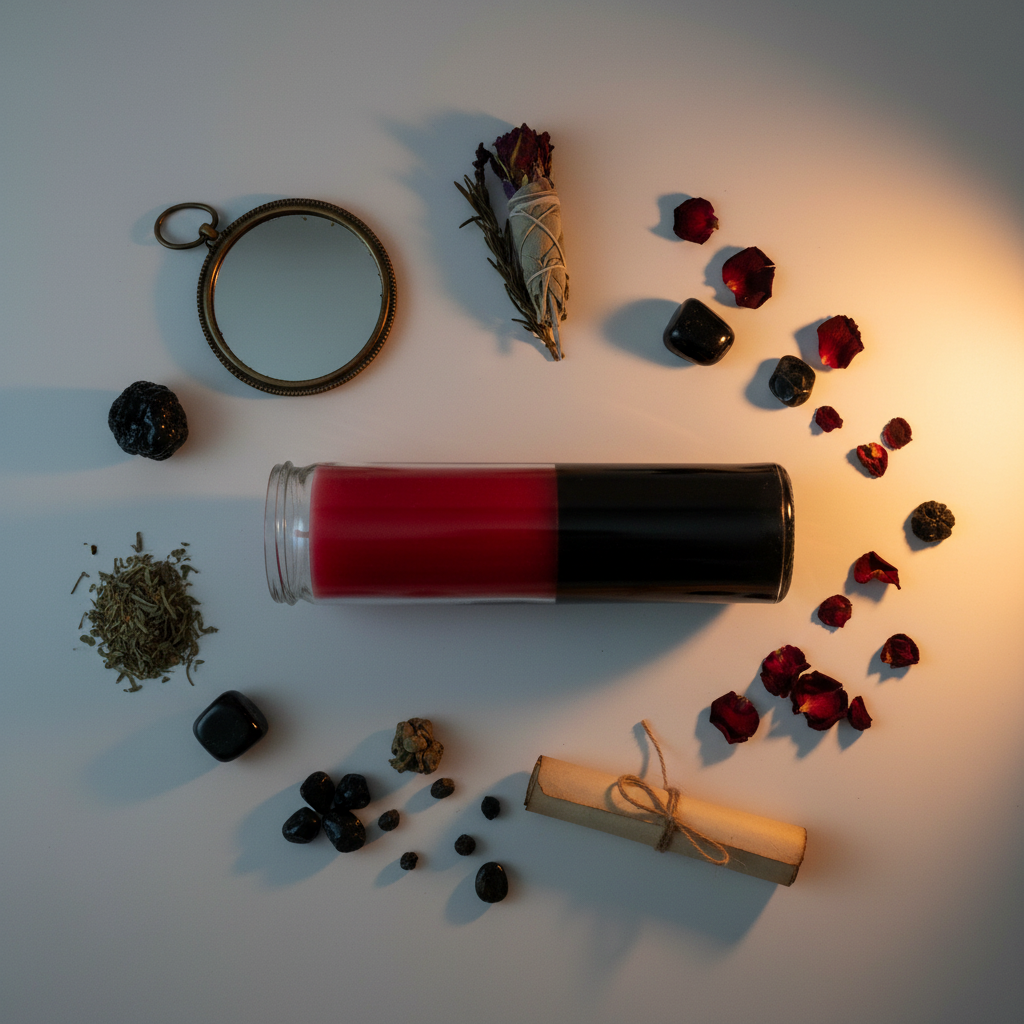 Flat lay of 7 day reversal candle with mirror, black tourmaline, obsidian, protective herbs and rose petals on light grey background