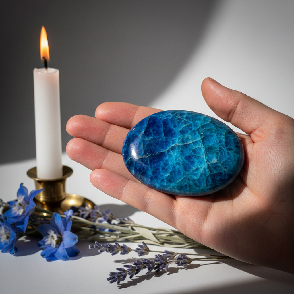 Single Blue Apatite flat palm stone with blue flowers and candle