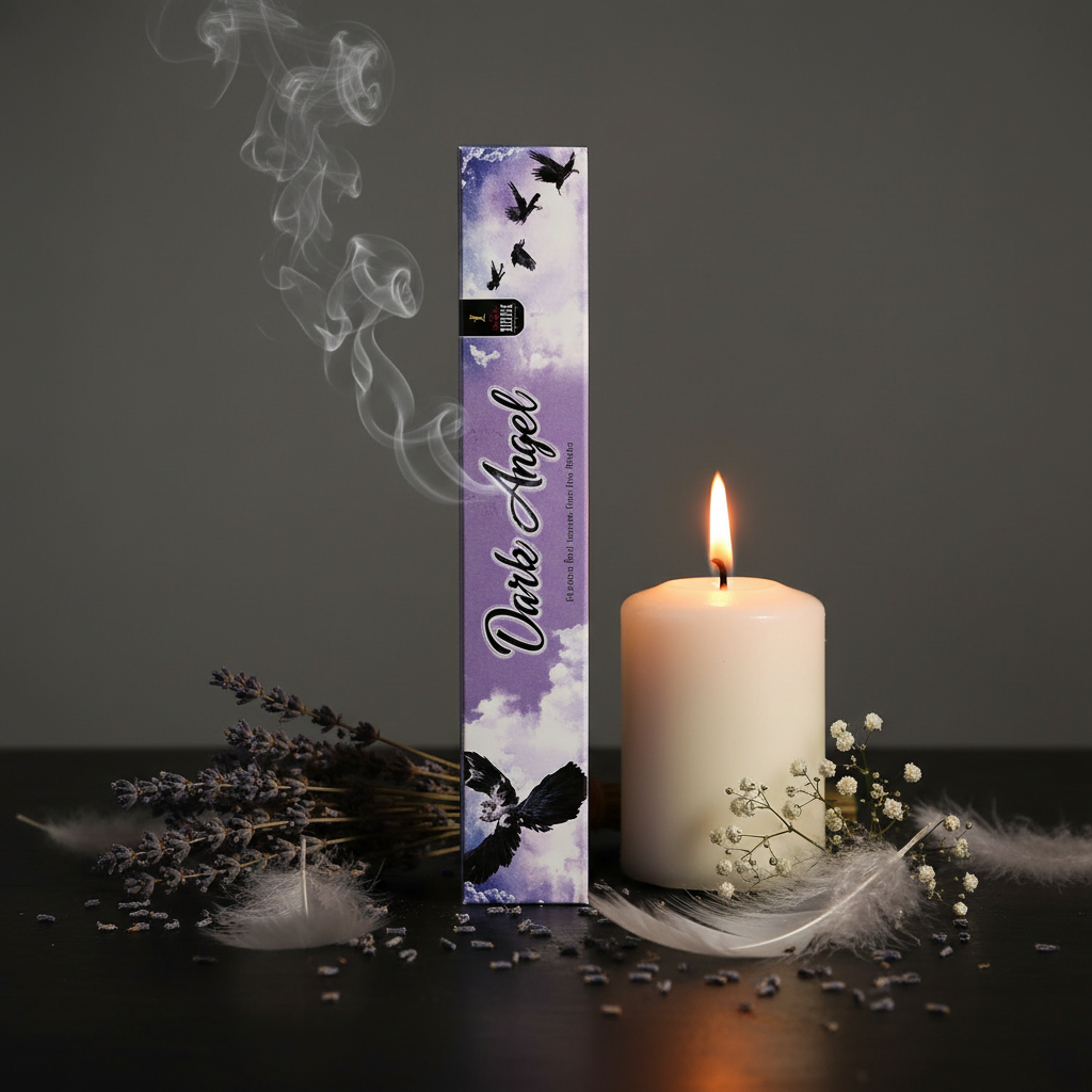 Dark Angel incense packaging standing upright with lavender, white feathers and candle props
