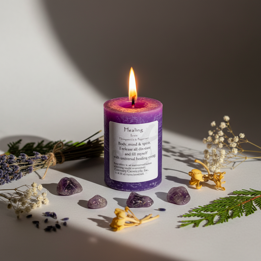 Purple healing votive candle with lavender, amethyst chips and honeysuckle props