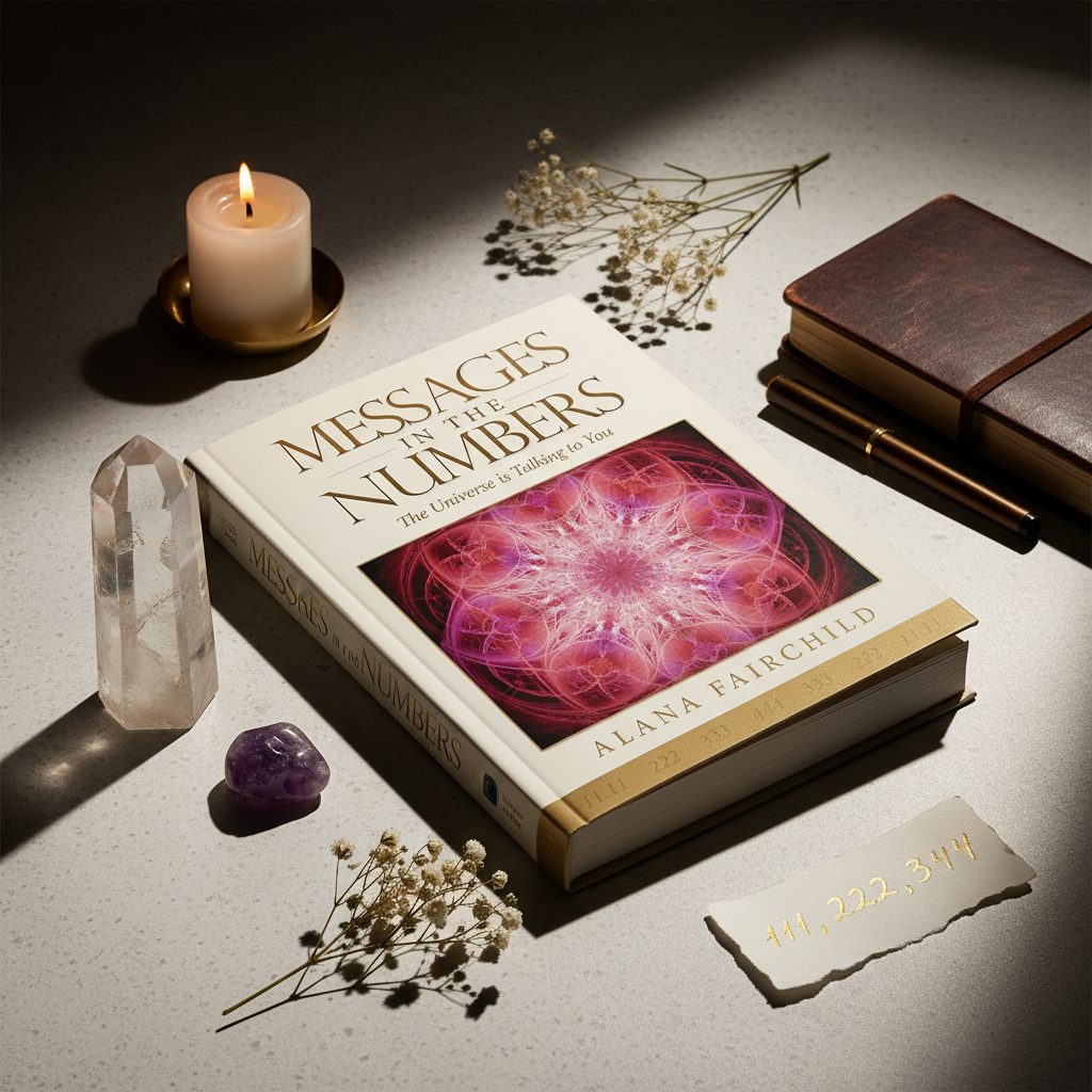 Messages in the Numbers book open with clear quartz, amethyst, angel numbers paper and candle in warm candlelight