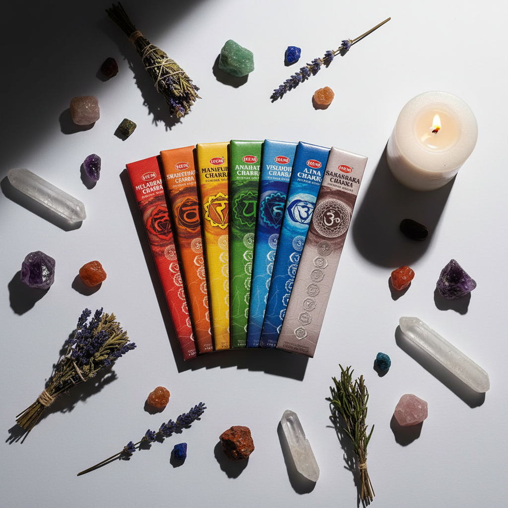 HEM Seven Chakras incense sticks flat lay with rainbow chakra crystals and candle