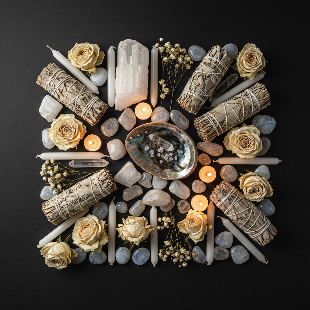 Flat lay of selenite props including raw chunks, white roses, moonstone, and sage on dark background