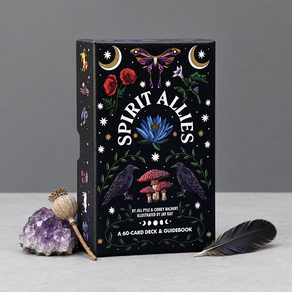 Spirit Allies Oracle Deck box with amethyst, a dried poppy stem and raven feather in a grey studio setting