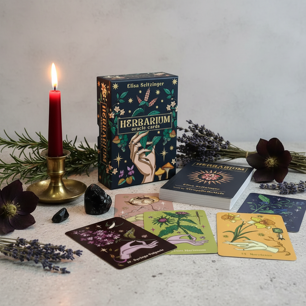 Herbarium Oracle Cards box with fanned cards, guidebook, dried herbs and candlelight