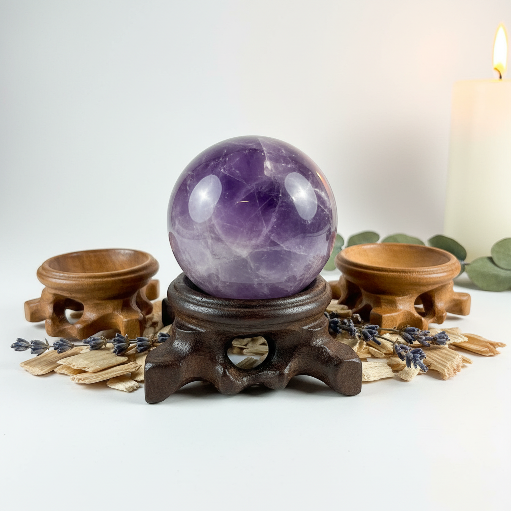 Three carved wood sphere stands in small, medium and large sizes on light grey background