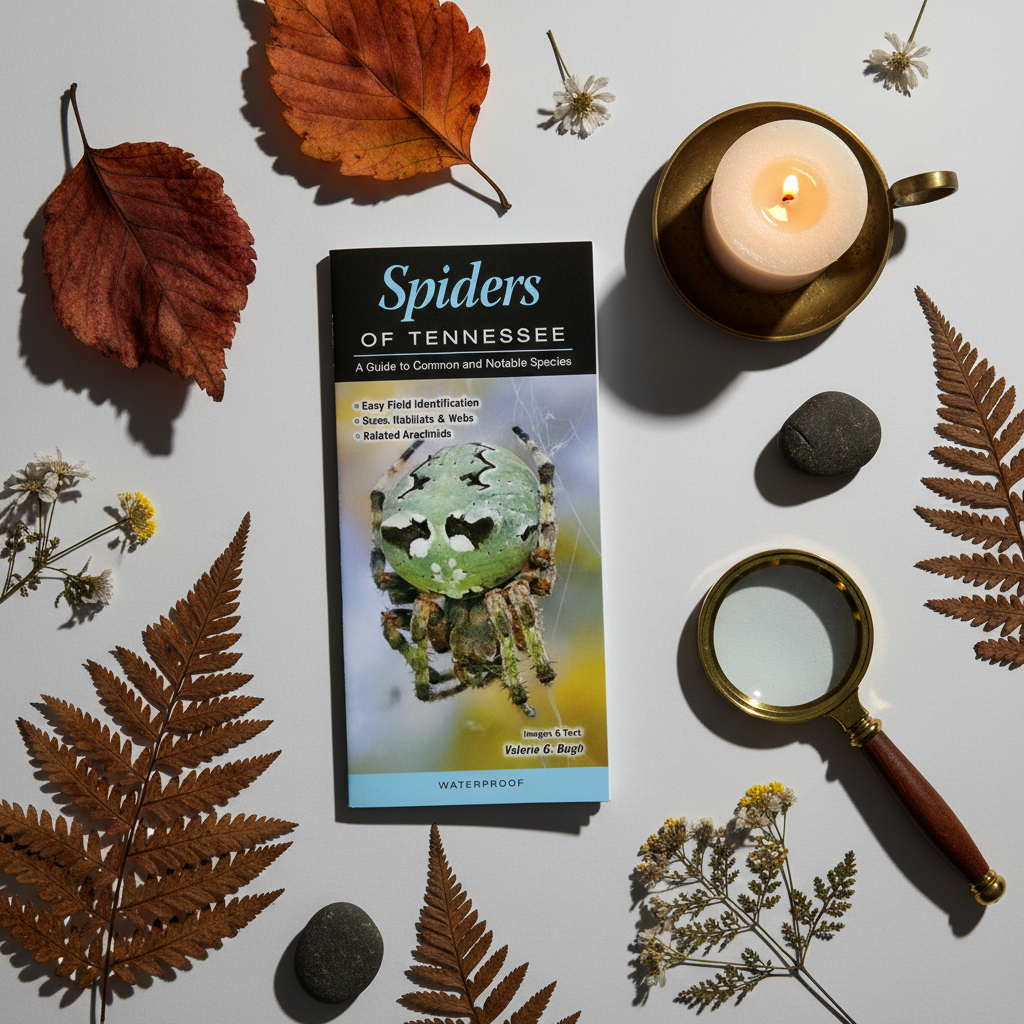 Flat lay of Spiders of Tennessee field guide with dried leaves, magnifying glass and stones