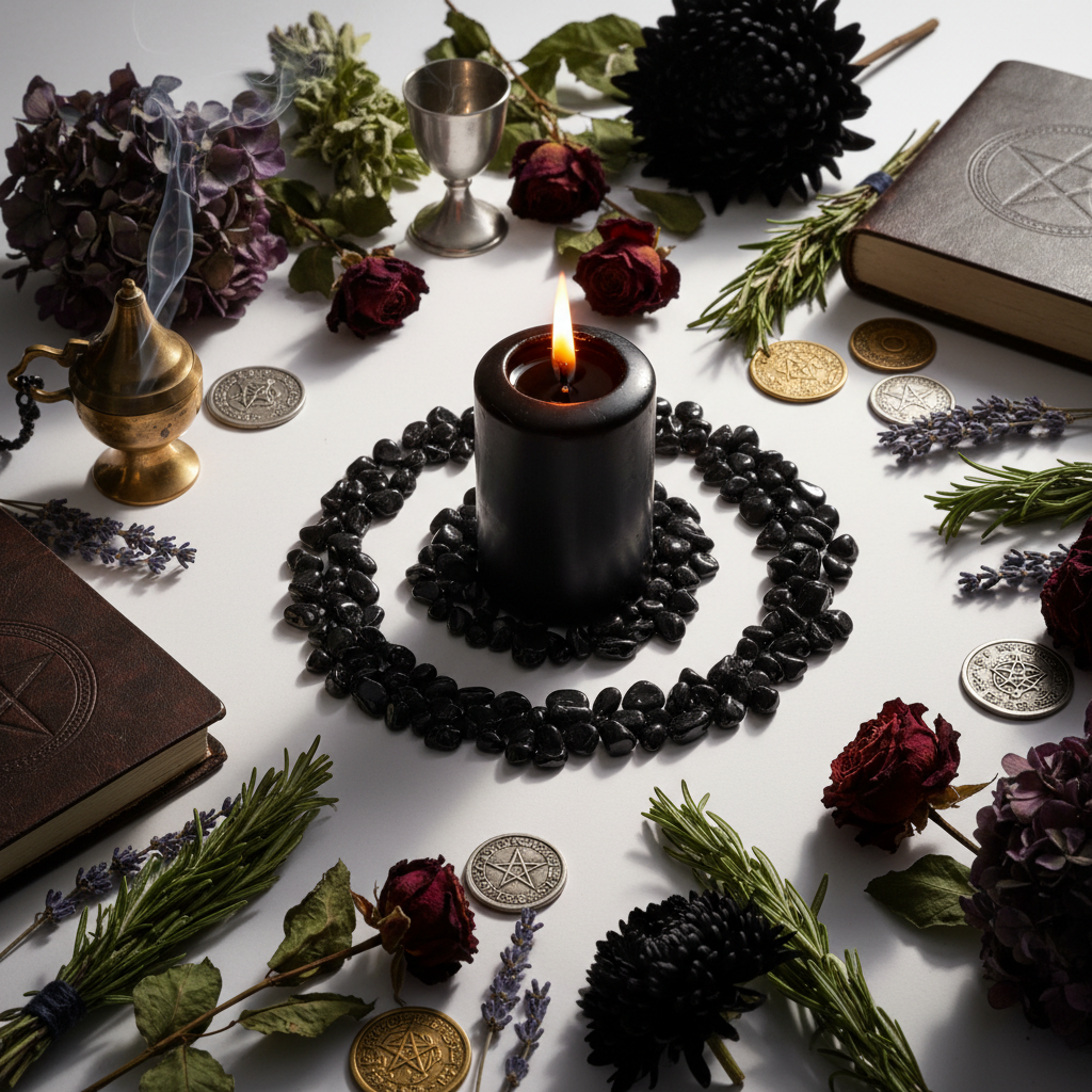 Black Onyx crystal chips candle ritual shot