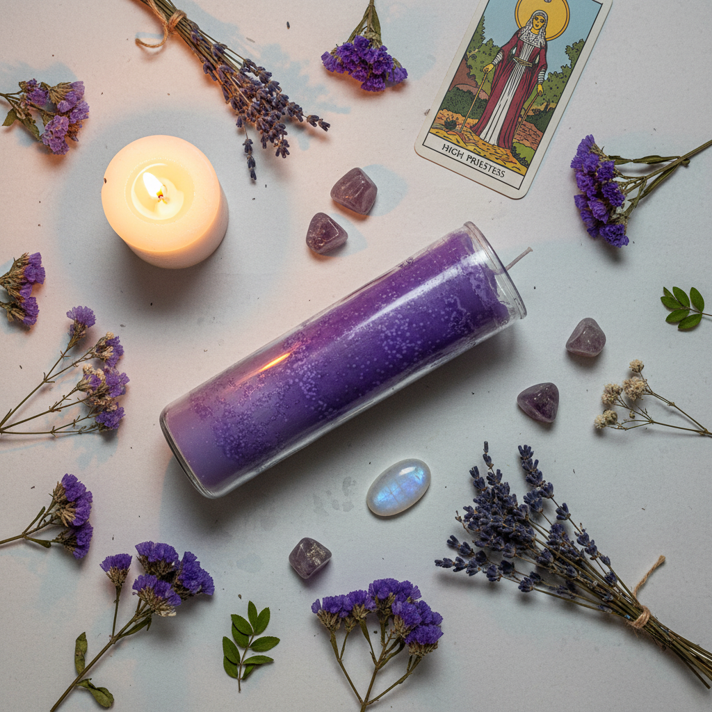 Flat lay of purple 7 day candle with dried lavender, amethyst, purple flowers, moonstone and tarot card on light grey background