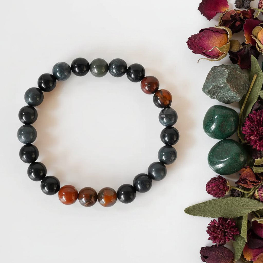 Bloodstone bracelet flat in circle with deep dark green beads and rusty red inclusions on light grey background