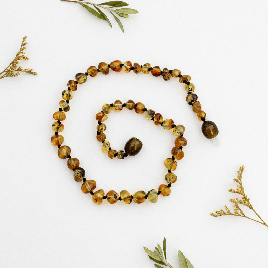 Polished olive Baltic amber necklace with deep olive-green to golden-brown round beads draped in elegant loop on light grey background