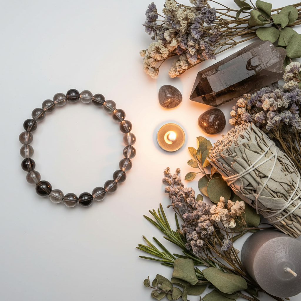 Smoky Quartz 8mm beaded stretch bracelet with raw smoky quartz point, sage bundle and grey florals on light grey background
