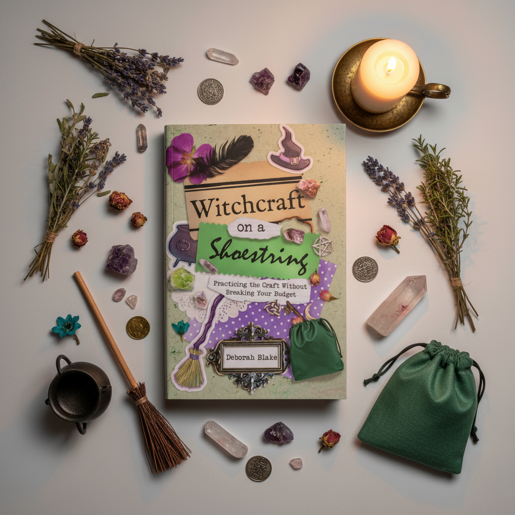 Witchcraft on a Shoestring flat lay top-down with witchcraft props and candlelight