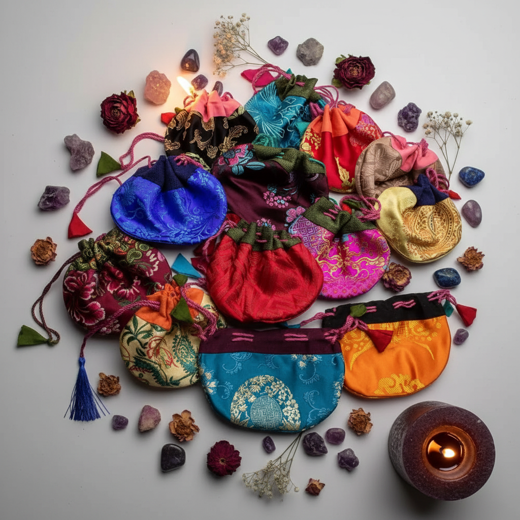 Embroidered brocade silk pouches flat lay in assorted colors with crystals and candlelight