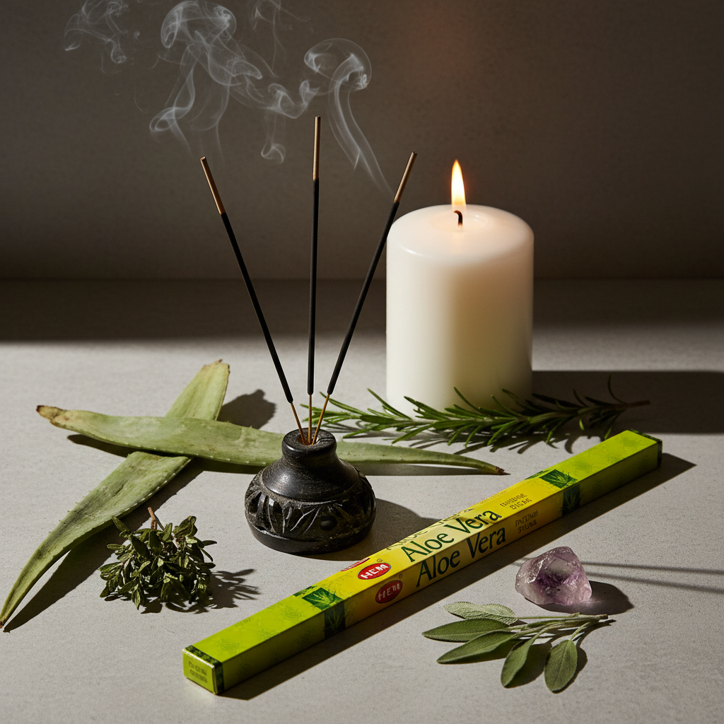 Hem Aloe Vera incense sticks lifestyle shot - burning sticks with smoke and candlelight