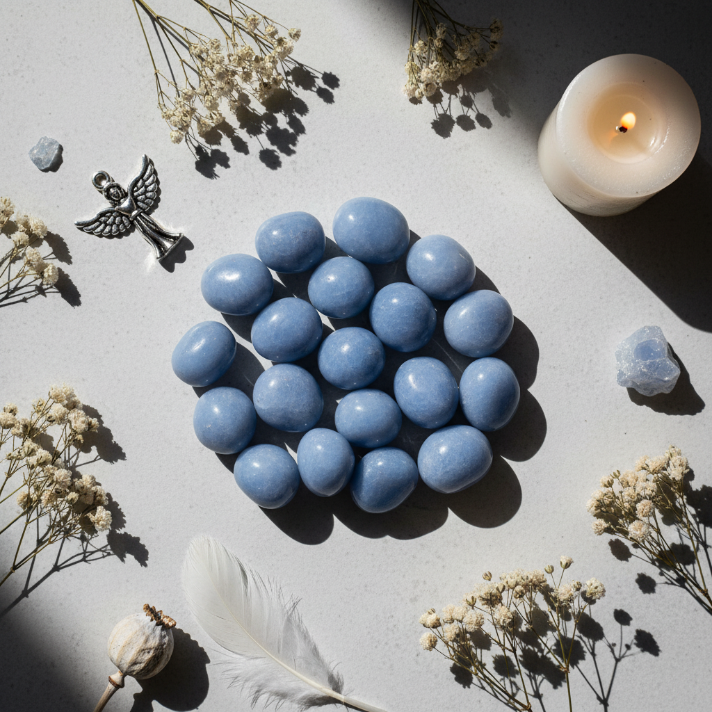 Flat lay of angelite tumbled stones with white feather, white flowers, angel charm and candle on light grey background