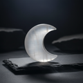 Selenite crescent moon carving with silky white pearlescent sheen on dark slate surface