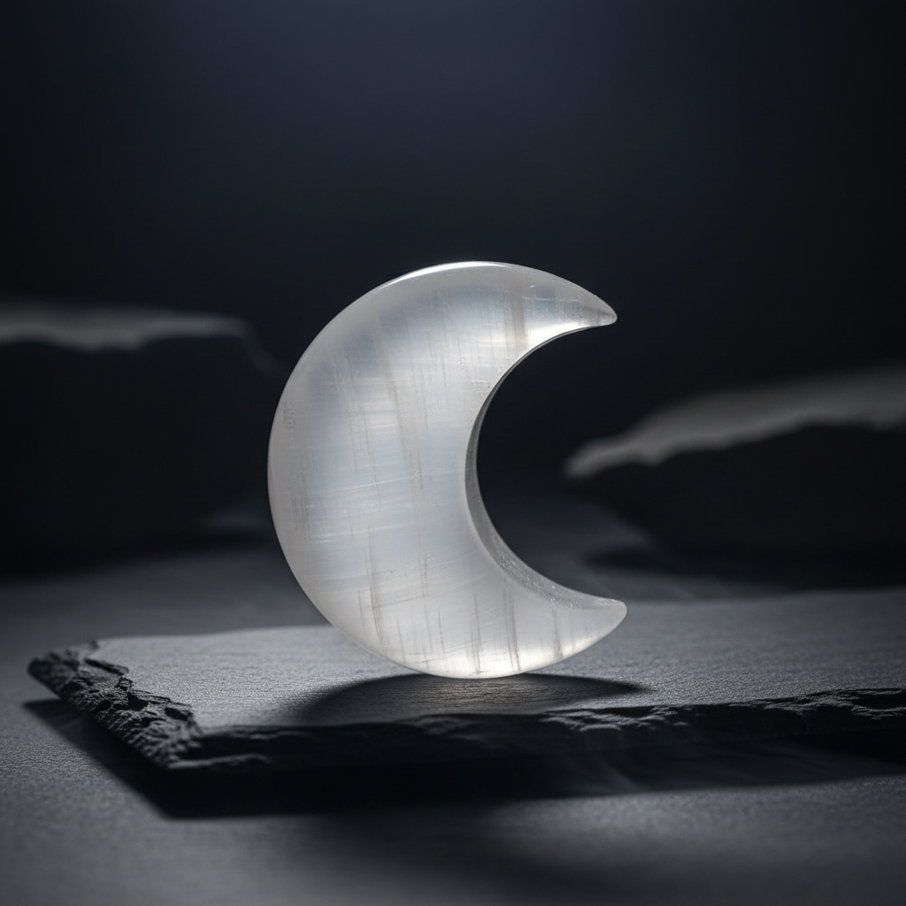 Selenite crescent moon carving with silky white pearlescent sheen on dark slate surface
