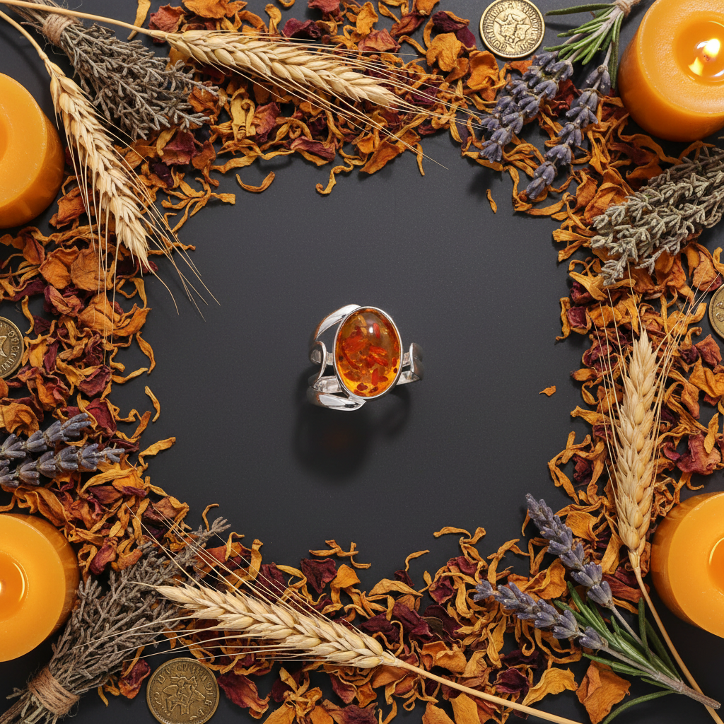 Sunset amber ring flat lay with golden wheat, amber petals, gold coins and amber candles on dark charcoal background