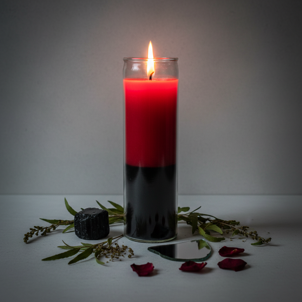 7 day reversal candle with red and black two-color wax in glass jar with black tourmaline, herbs and rose petals on light grey background