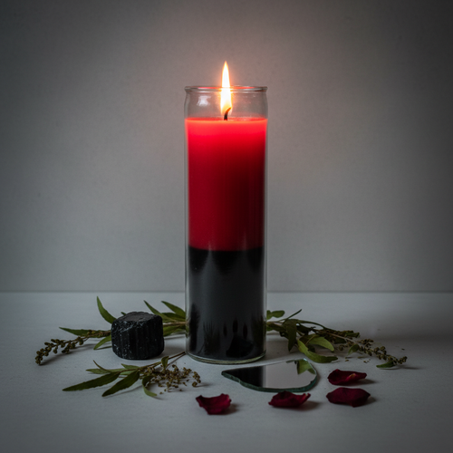 7 day reversal candle with red and black two-color wax in glass jar with black tourmaline, herbs and rose petals on light grey background
