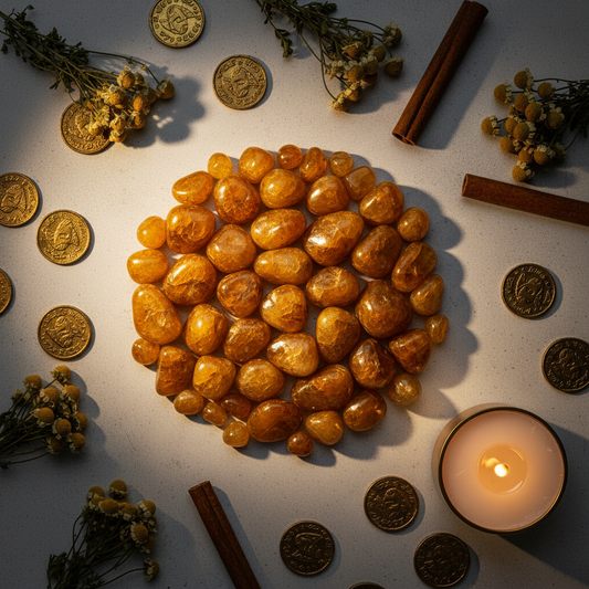 Cluster of citrine tumbled stones with gold coins, chamomile and candle props