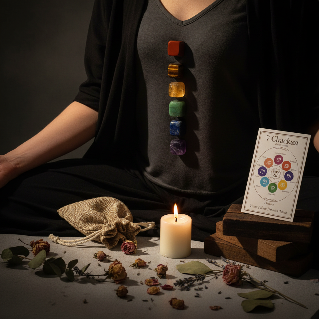 Seven chakra stones arranged in vertical column with burlap pouch, candle and dried flowers in warm candlelight