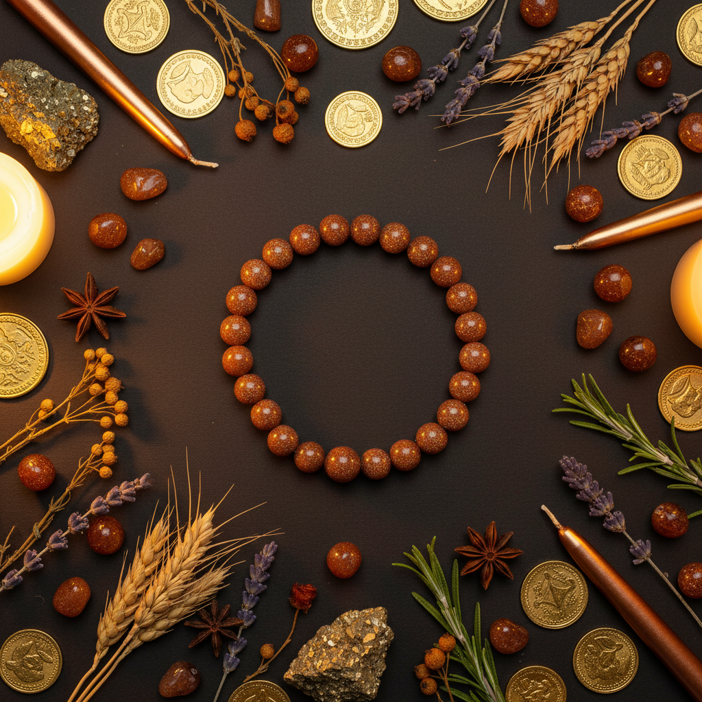 Goldstone beaded bracelet flat lay with goldstone tumbles, gold coins, amber botanicals and candles on dark charcoal background