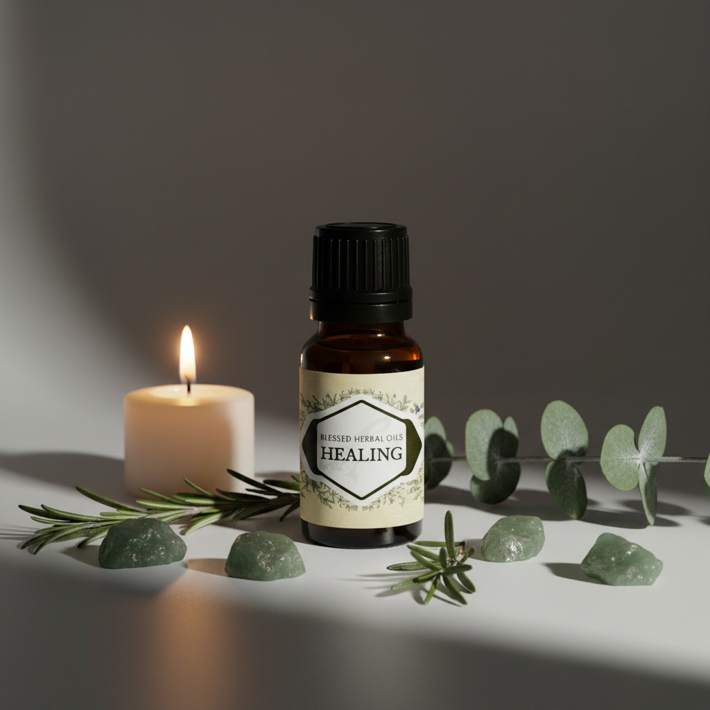 Blessed Herbal Healing Oil hero shot - amber bottle with flat cap, crystals and candlelight
