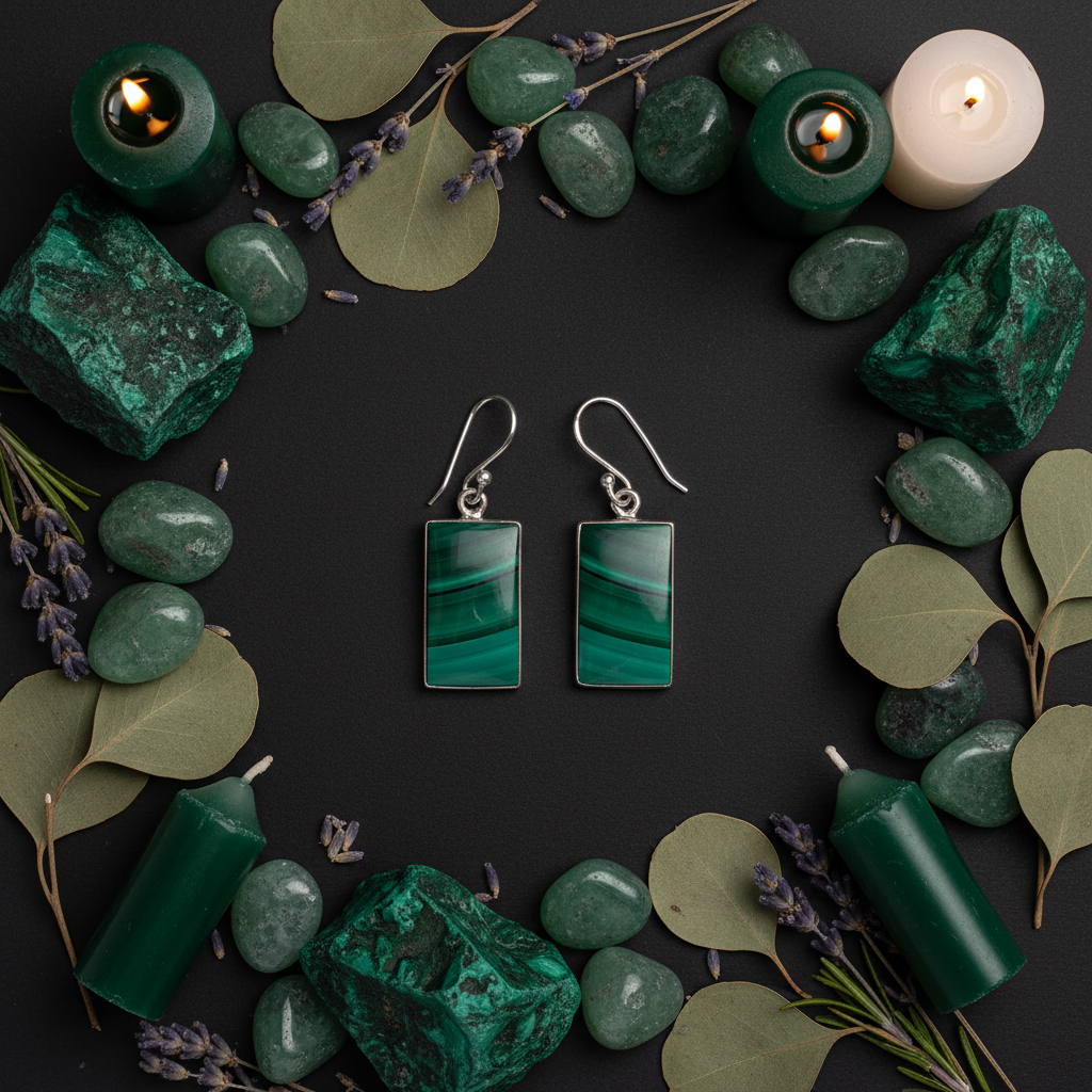 Malachite rectangle earrings flat lay with raw malachite chunks, green aventurine and eucalyptus on dark charcoal background