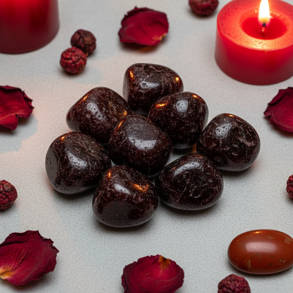 Cluster of garnet tumbled stones showing deep wine red with natural white veining and polished surfaces on light grey background