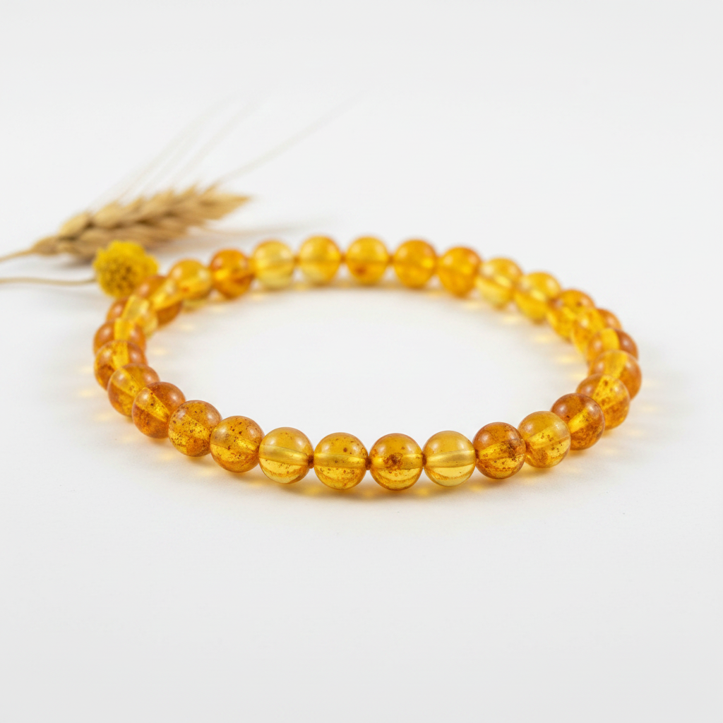 Polished gold Baltic amber necklace with luminous golden-yellow translucent round beads draped in elegant loop on light grey background