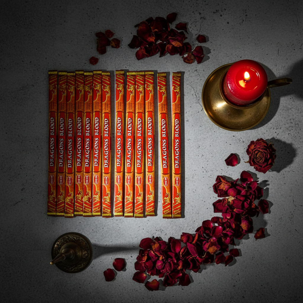 Flat lay of Dragon's Blood incense sticks with red rose petals and candle props