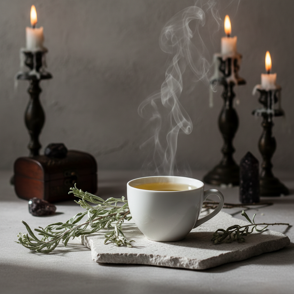 Wormwood herbal tea steaming cup lifestyle shot