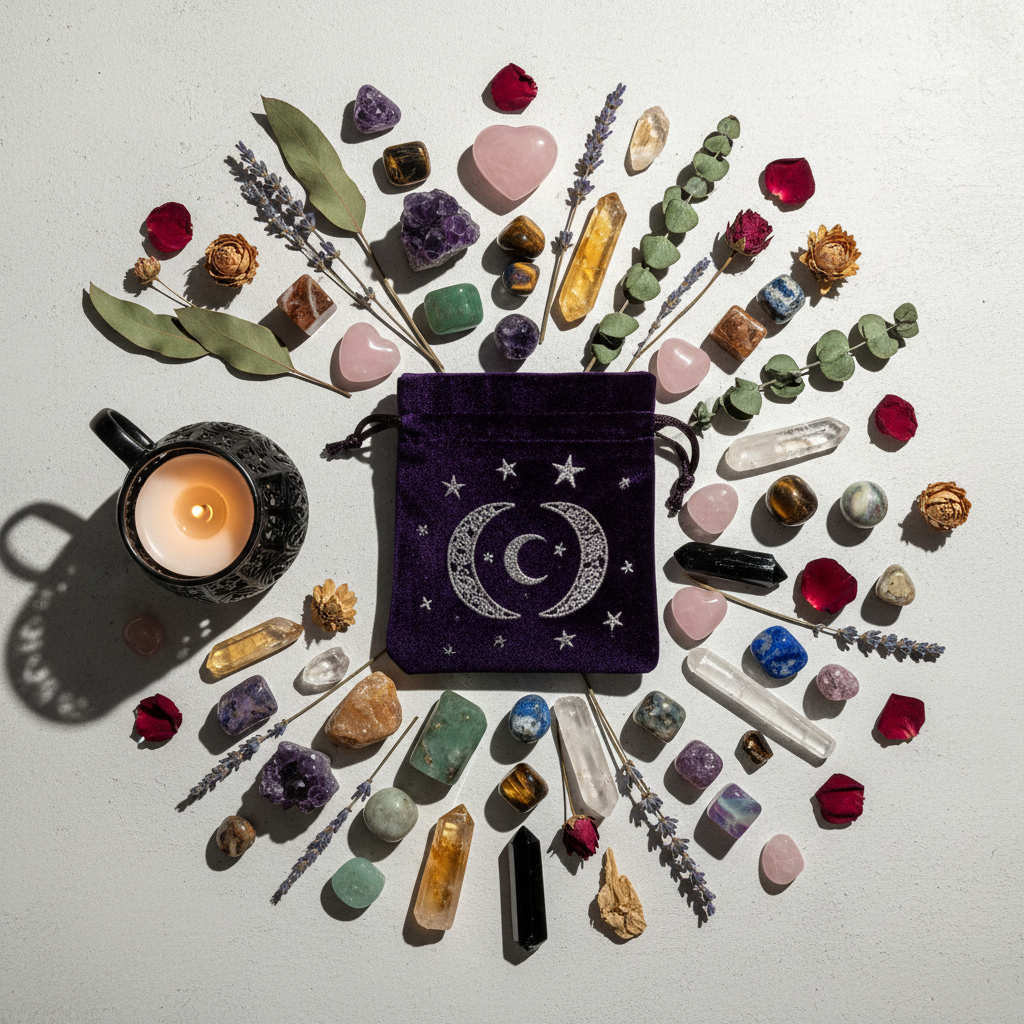 Mystery Crystal Scoop Bag flat lay with full contents revealed — amethyst, rose quartz, citrine and more