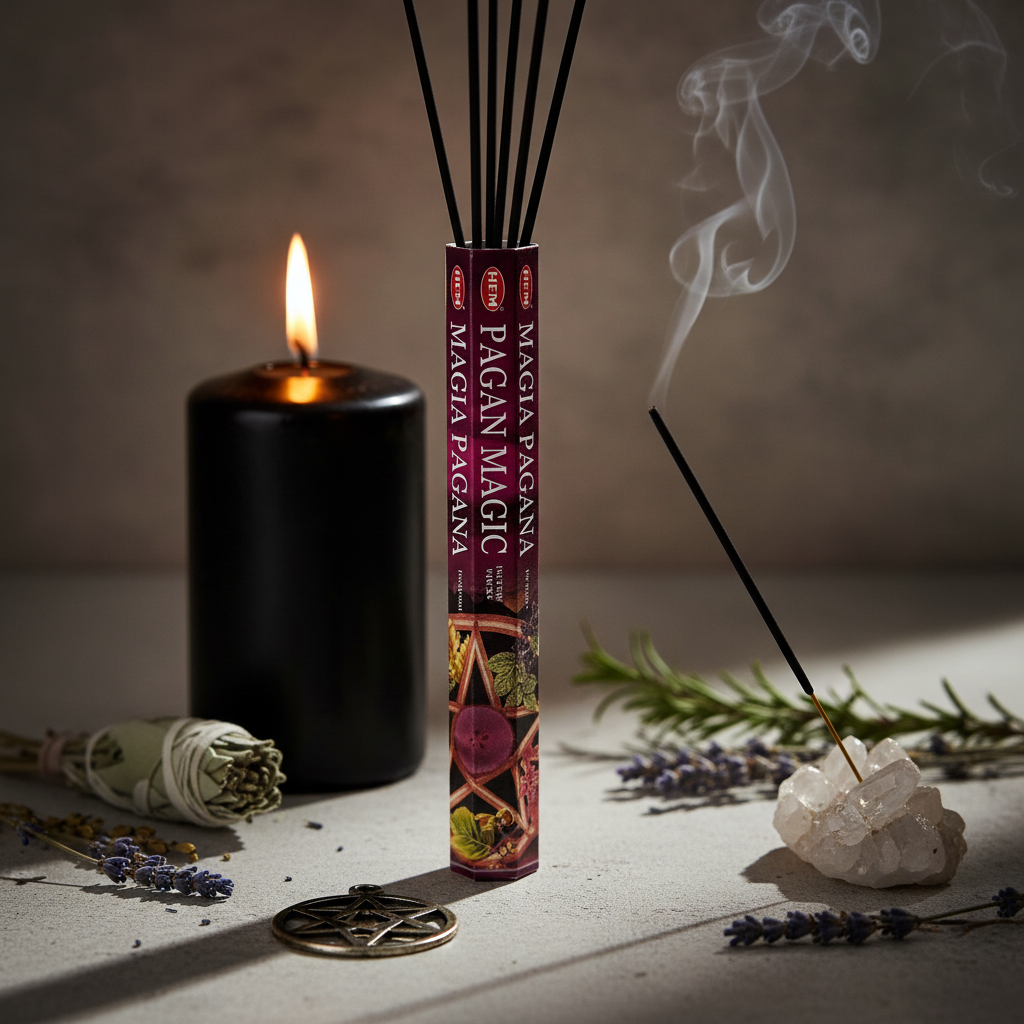HEM Pagan Magic incense tube with burning stick, pentacle, crystal cluster and purple candle in candlelight