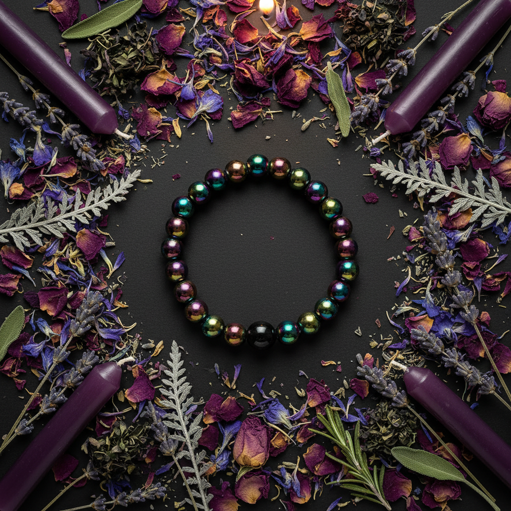 Rainbow Hematite bracelet flat lay with purple and blue petals, lavender, silver botanicals and purple candles on dark charcoal background