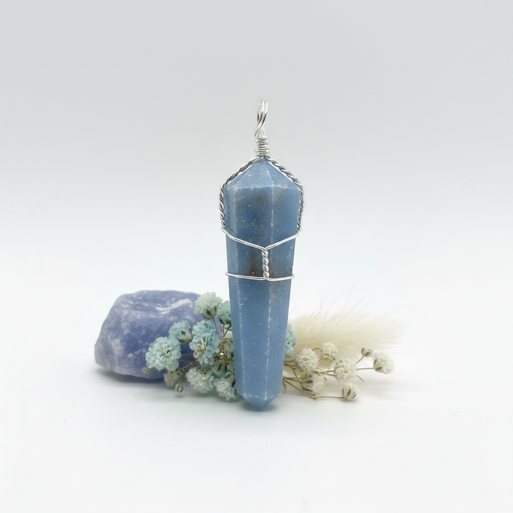 Faceted angelite crystal point wire wrapped in twisted silver with cage wrap and loop bail on light grey background