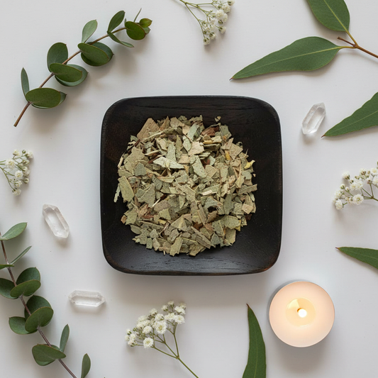 Eucalyptus Leaf dried herbs on black ceramic plate with fresh eucalyptus sprigs and crystals