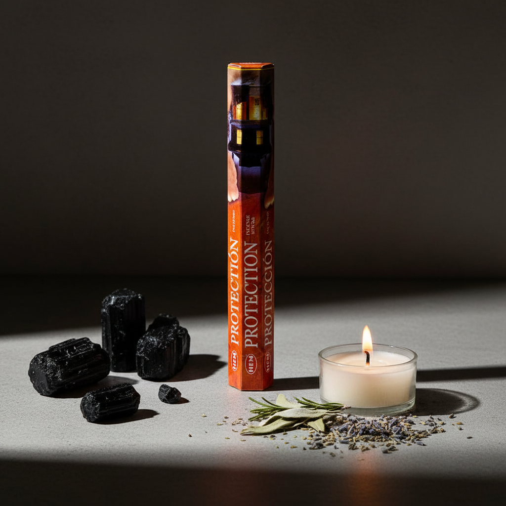 HEM Protection incense sticks hero shot - hexagonal box upright with crystals and candlelight