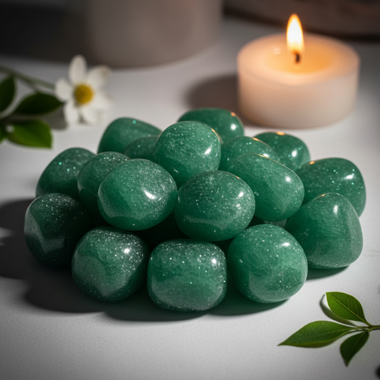 Cluster of green aventurine tumbled stones with green leaves and white flower props