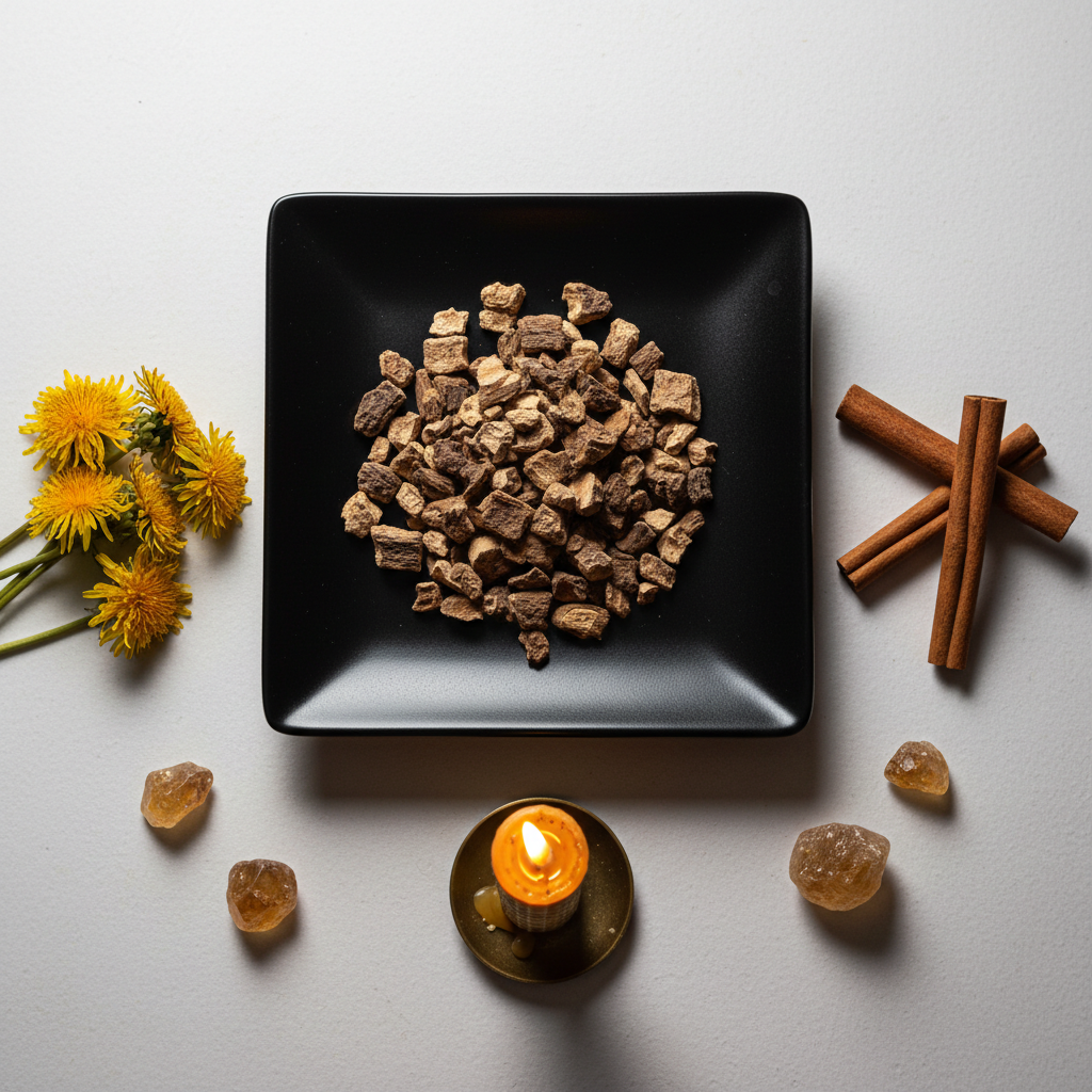 Dandelion root flat lay top down with props
