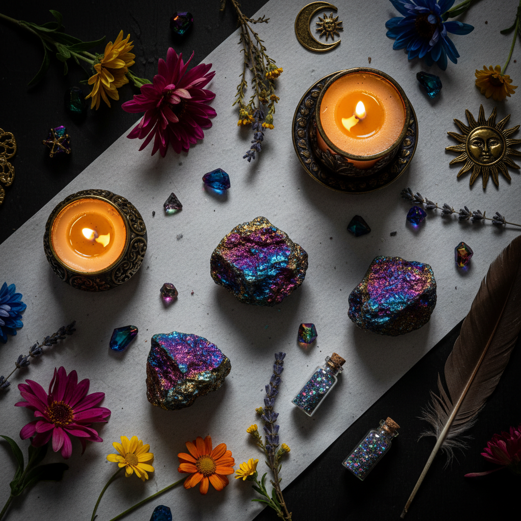 Flat lay of peacock ore chalcopyrite crystals with wildflowers and candle
